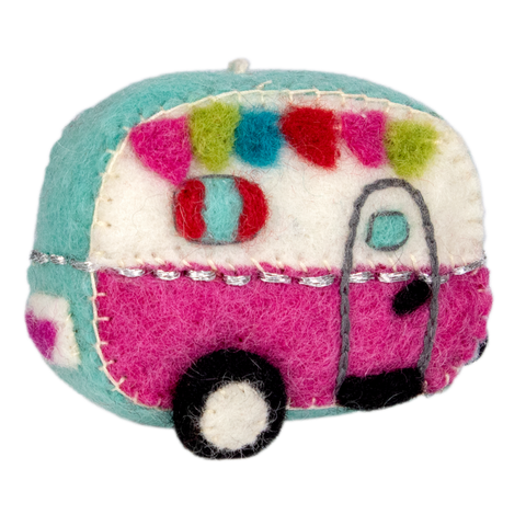 WILD WOOLIES FELTED ORNAMENT / Retro Camper/ Pink