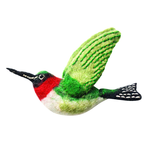 WILD WOOLIES FELTED WOOL ORNAMENT Ruby Throated Hummingbird